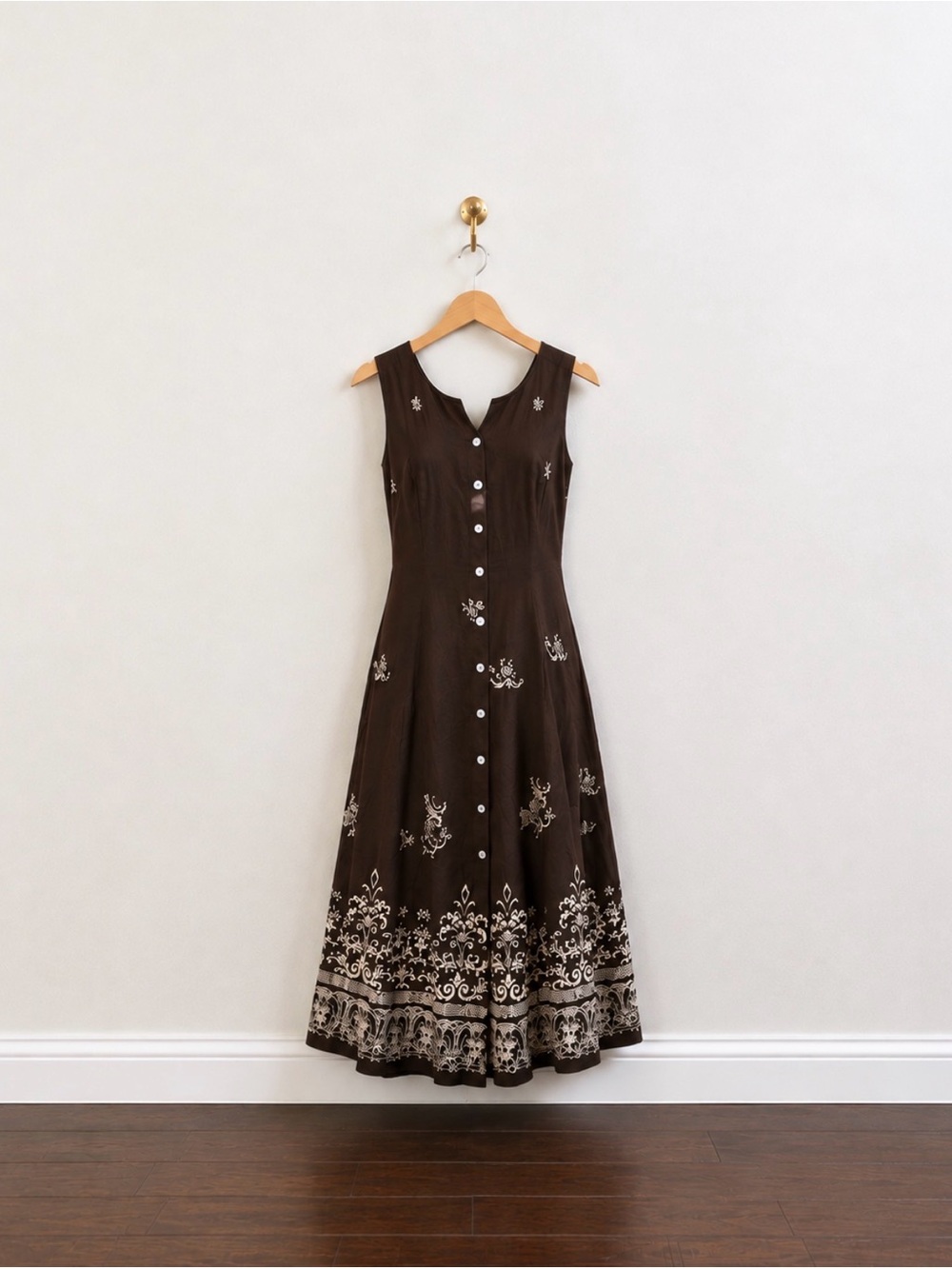 R&K Originals Brown Floral Button Front Maxi Dress Size 10 Boho Cottagecore